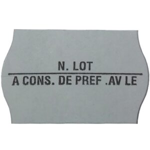 Lot de 6 bobines de 1000 estampilles 26 X 16 mm + "N°LOT/CONS.PREF.AV.LE" blanc